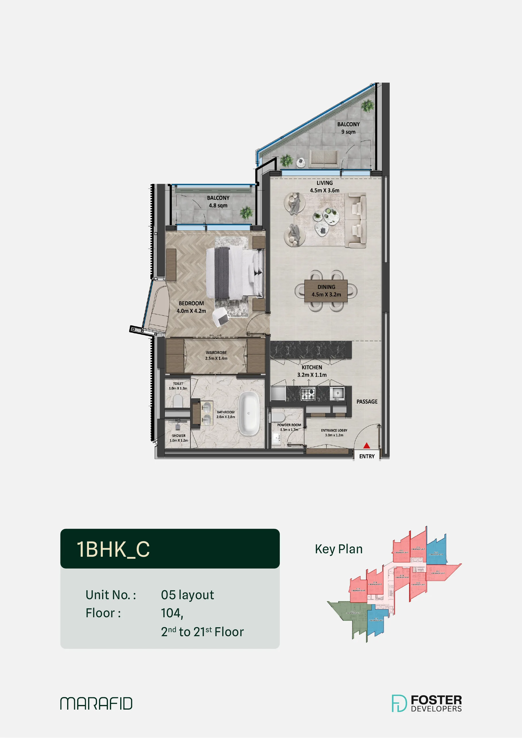 Marafid Tower 1 bed floor plan — Type C, 1,157 – 1,159 sqft