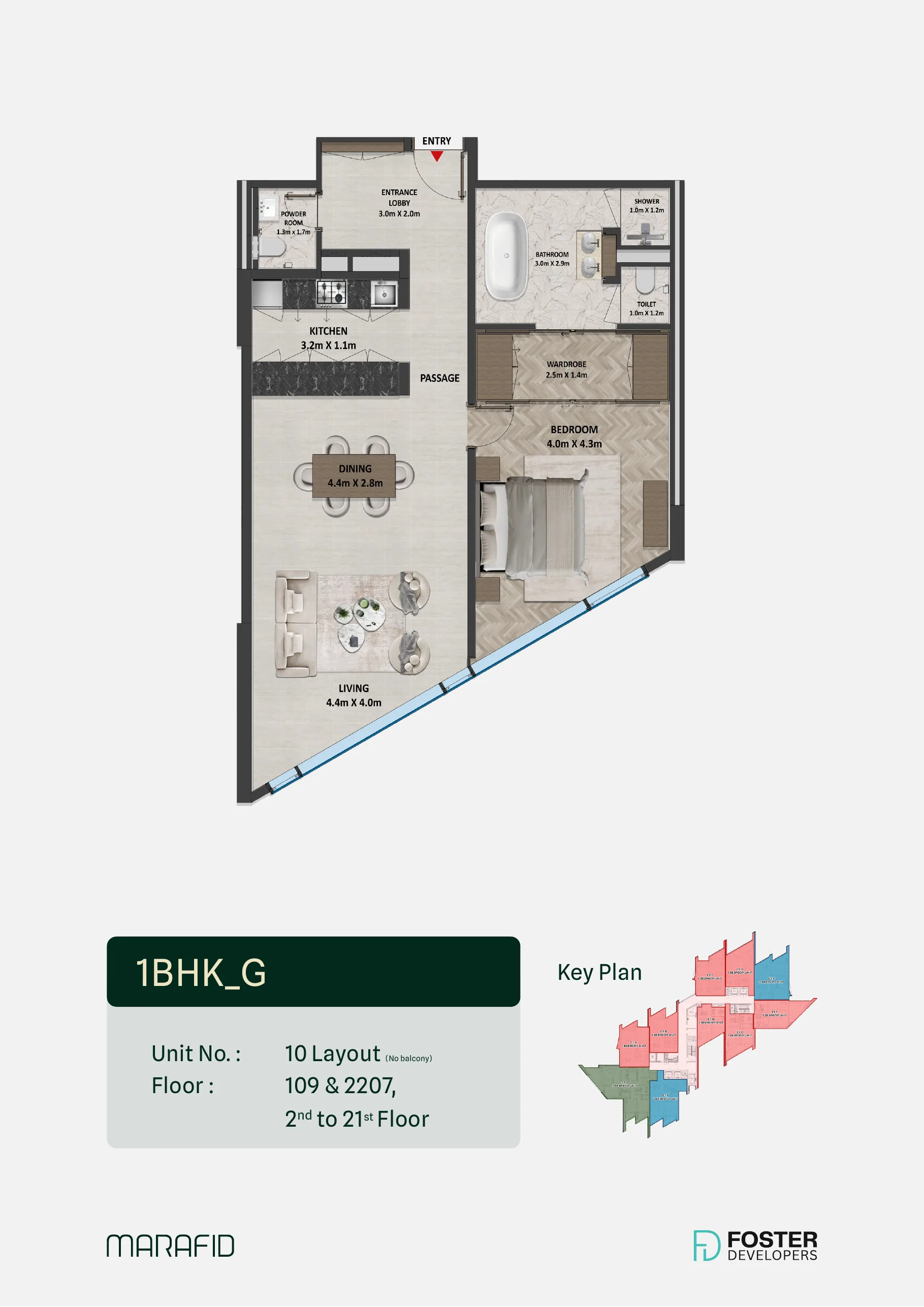 Marafid Tower 1 bed floor plan — Type G, 967 sqft