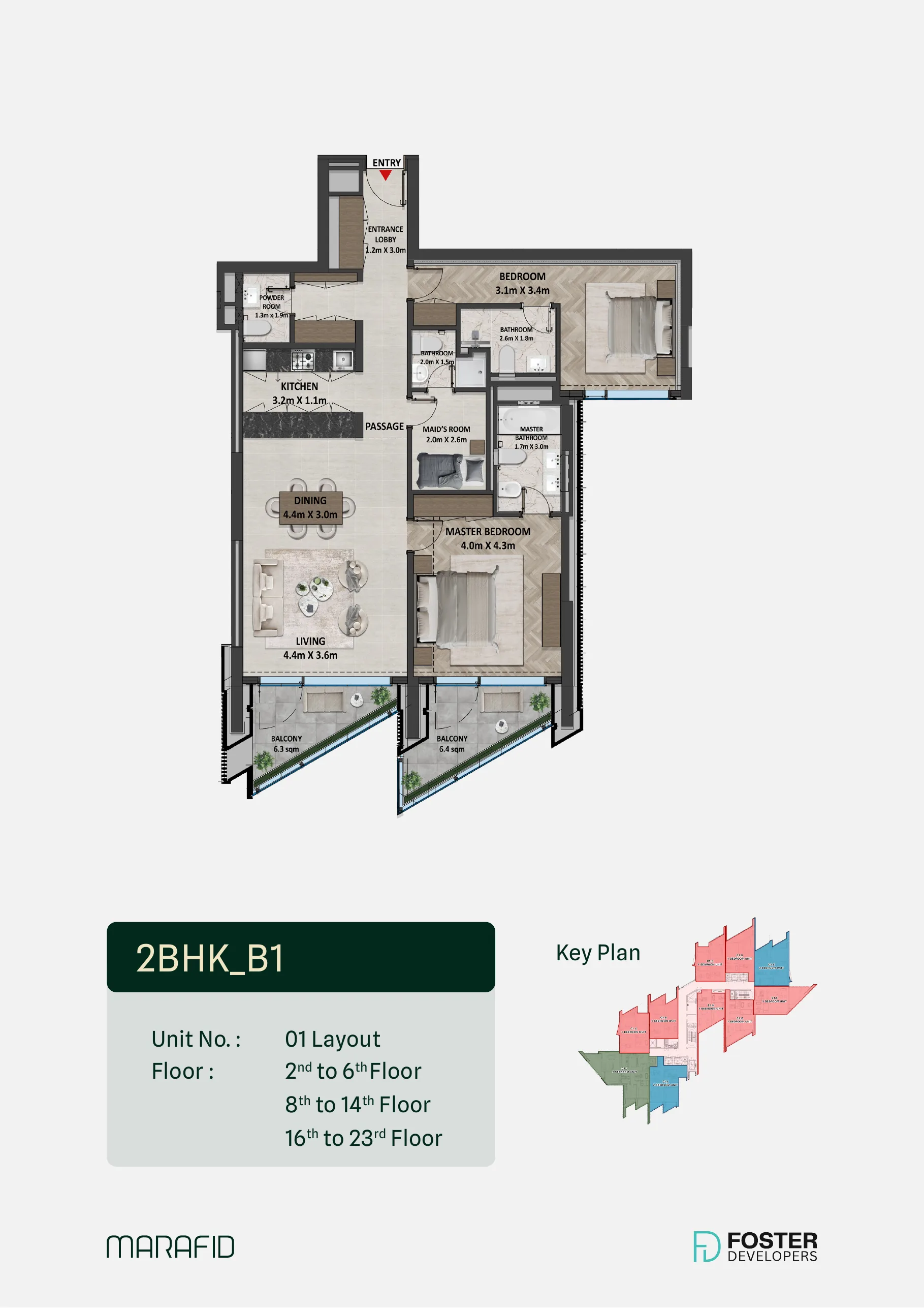 Marafid Tower 2 bed floor plan — Type B1 · maid’s room, 1,416 – 1,450 sqft