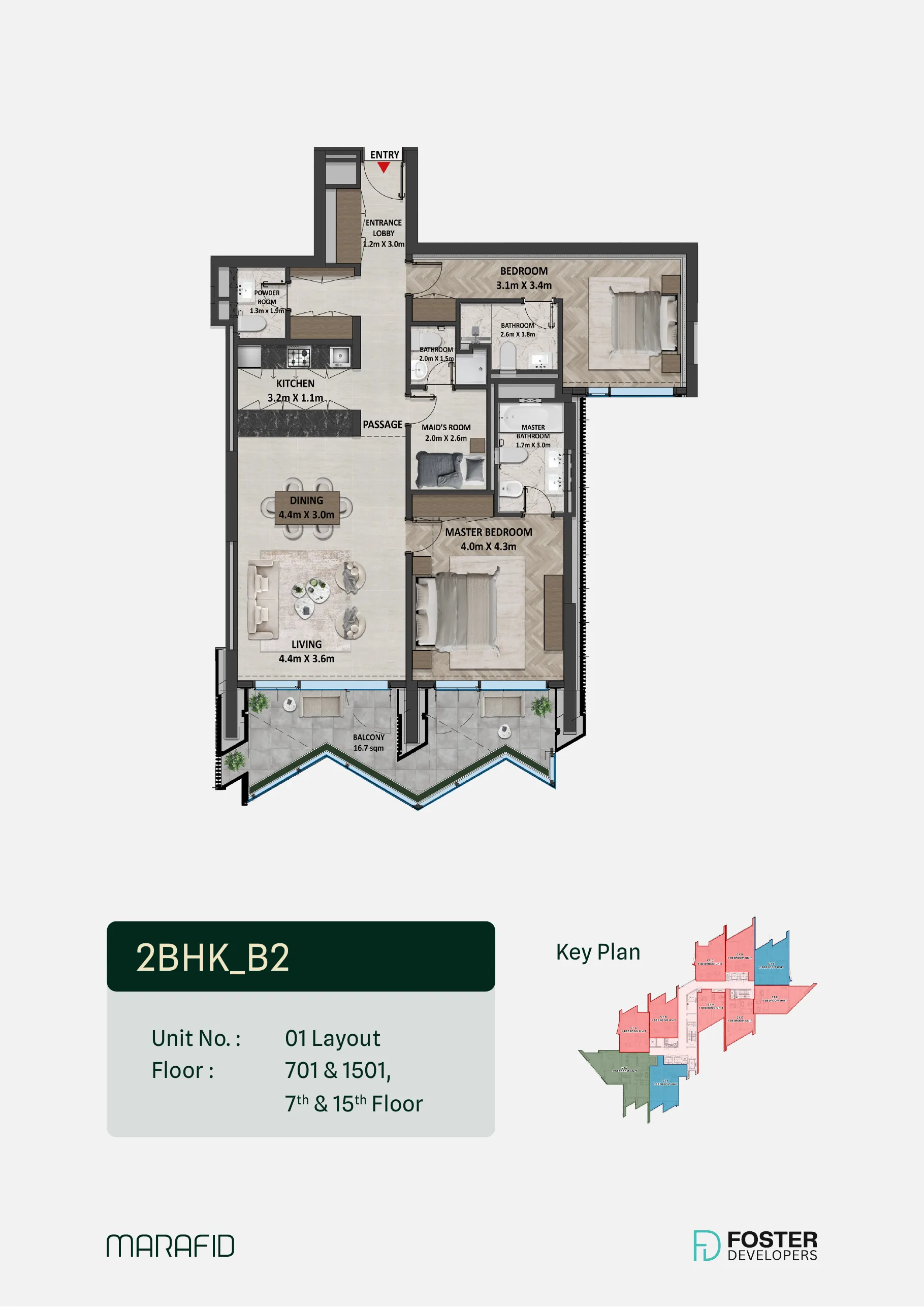 Marafid Tower 2 bed floor plan — Type B2 · maid’s room, 1,481 sqft