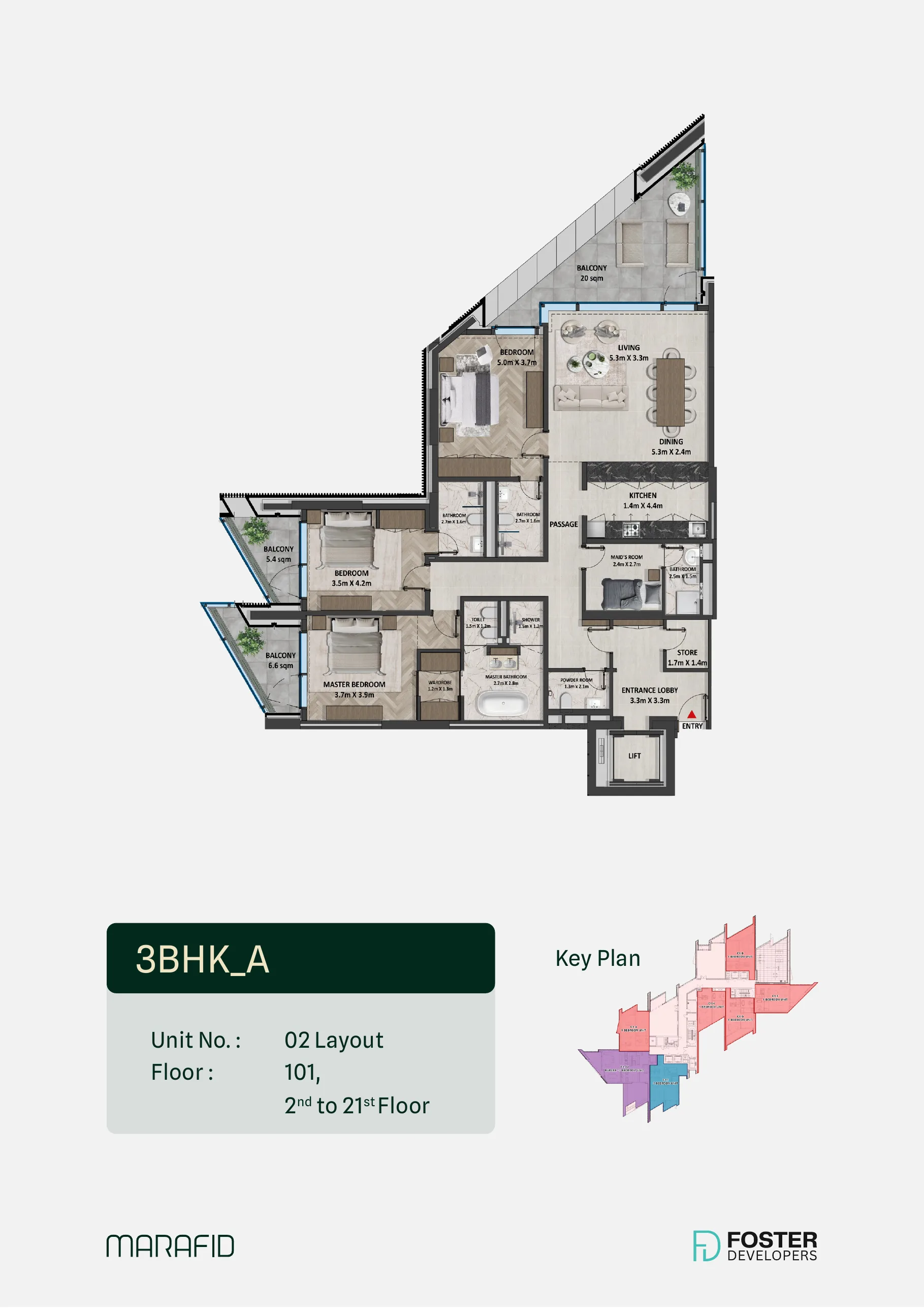 Marafid Tower 3 bed floor plan — Type A · maid’s room · private lift lobby, 2,336 – 2,338 sqft