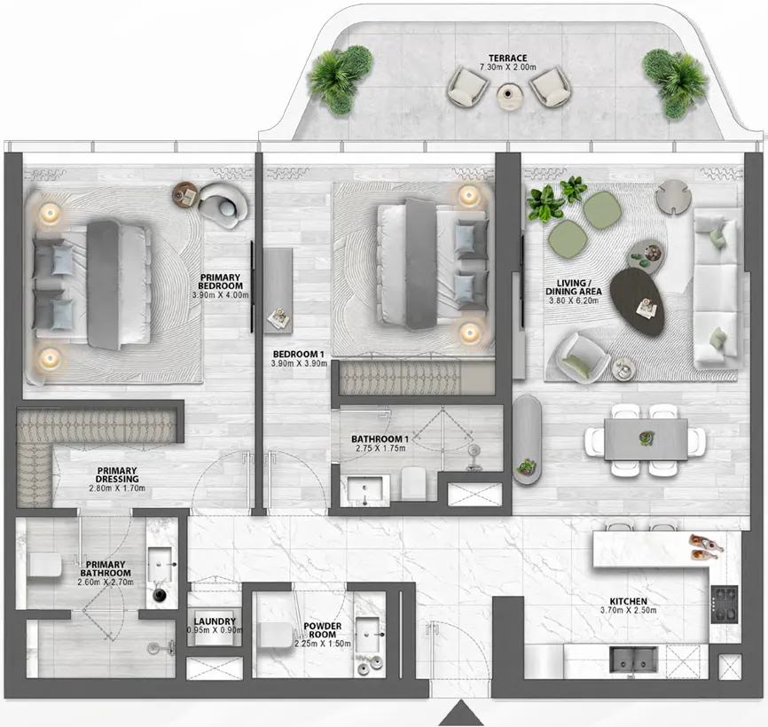 Passo by Beyond 2 bed floor plan, 1,296 – 1,367 sqft