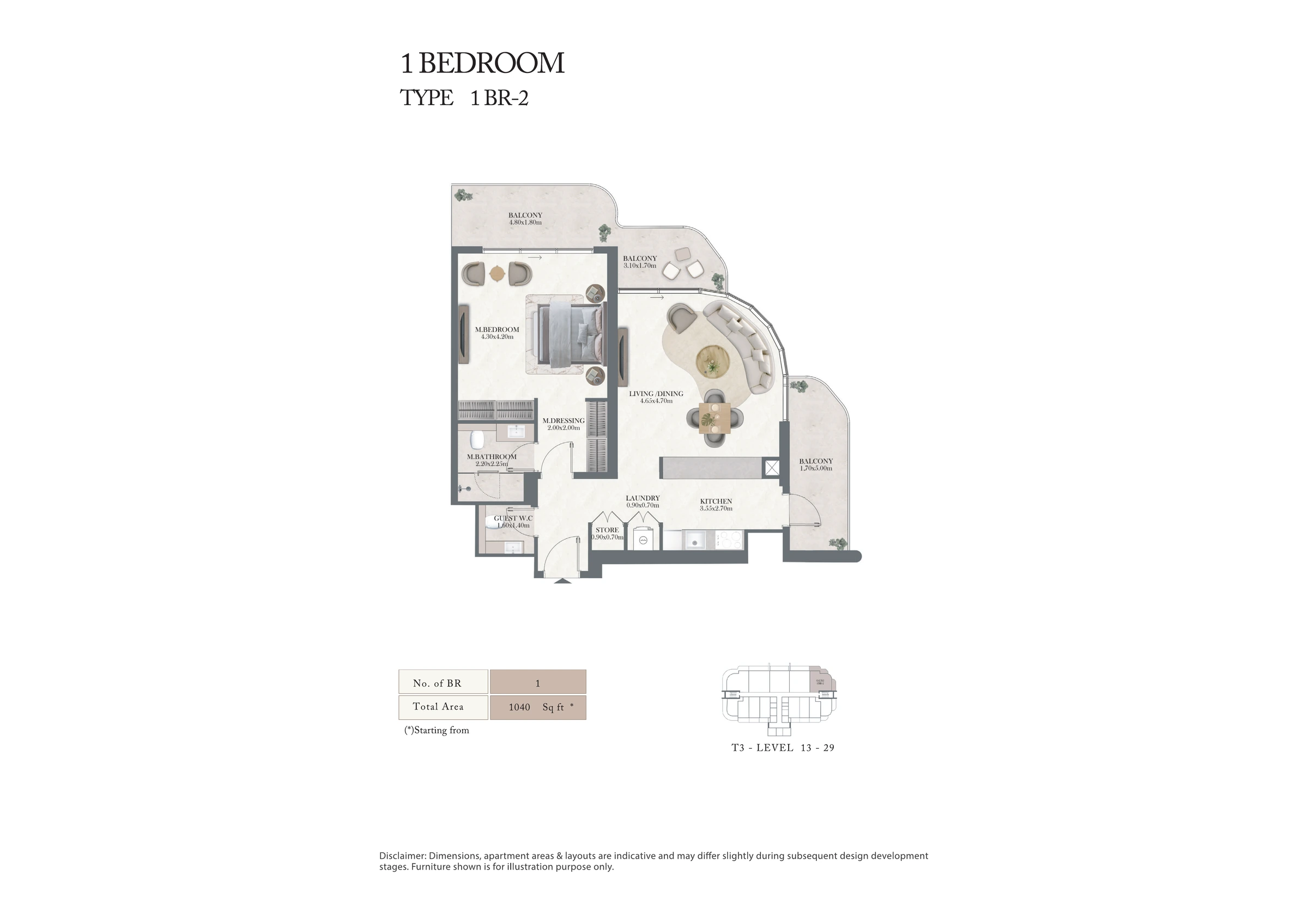 Radisson Residences Tower 3 1 bed floor plan, 962 – 1,128 sqft