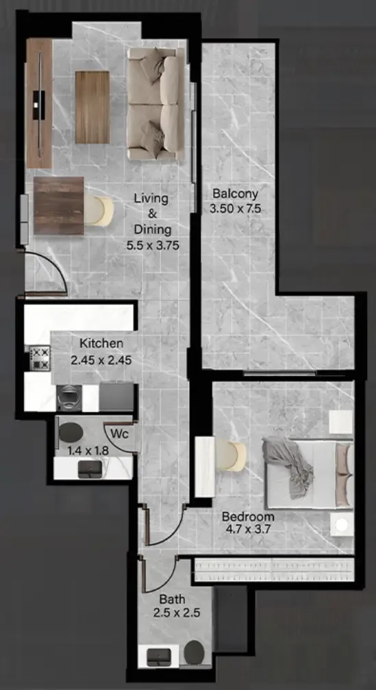 Rose Gardens 2 1 bed floor plan, 948 sqft