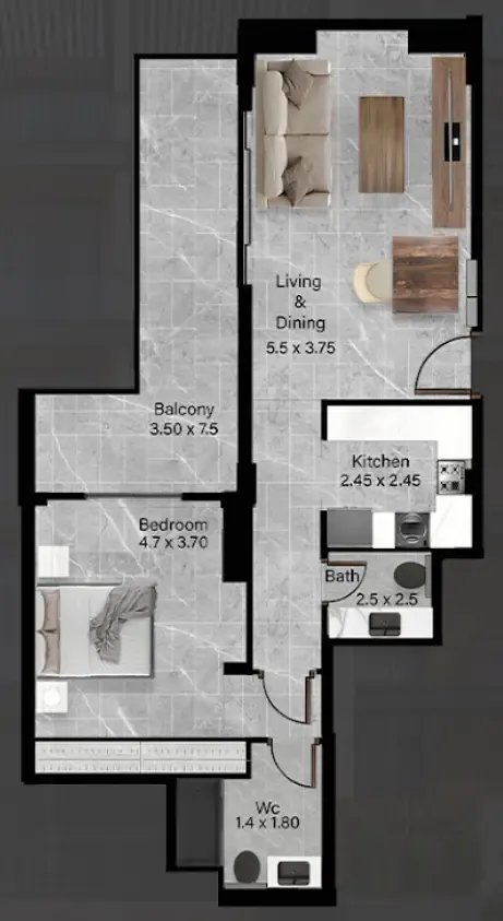 Rose Gardens 2 1 bed floor plan, 950 sqft