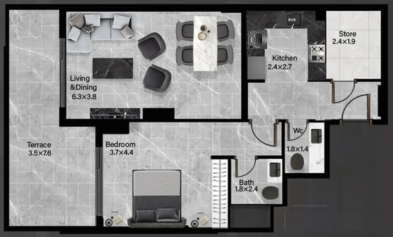 Rose Gardens 2 1 bed floor plan, 1,002 sqft