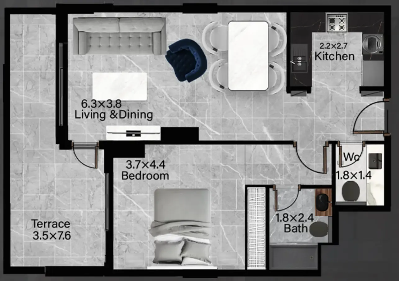 Rose Gardens 2 1 bed floor plan, 914 sqft