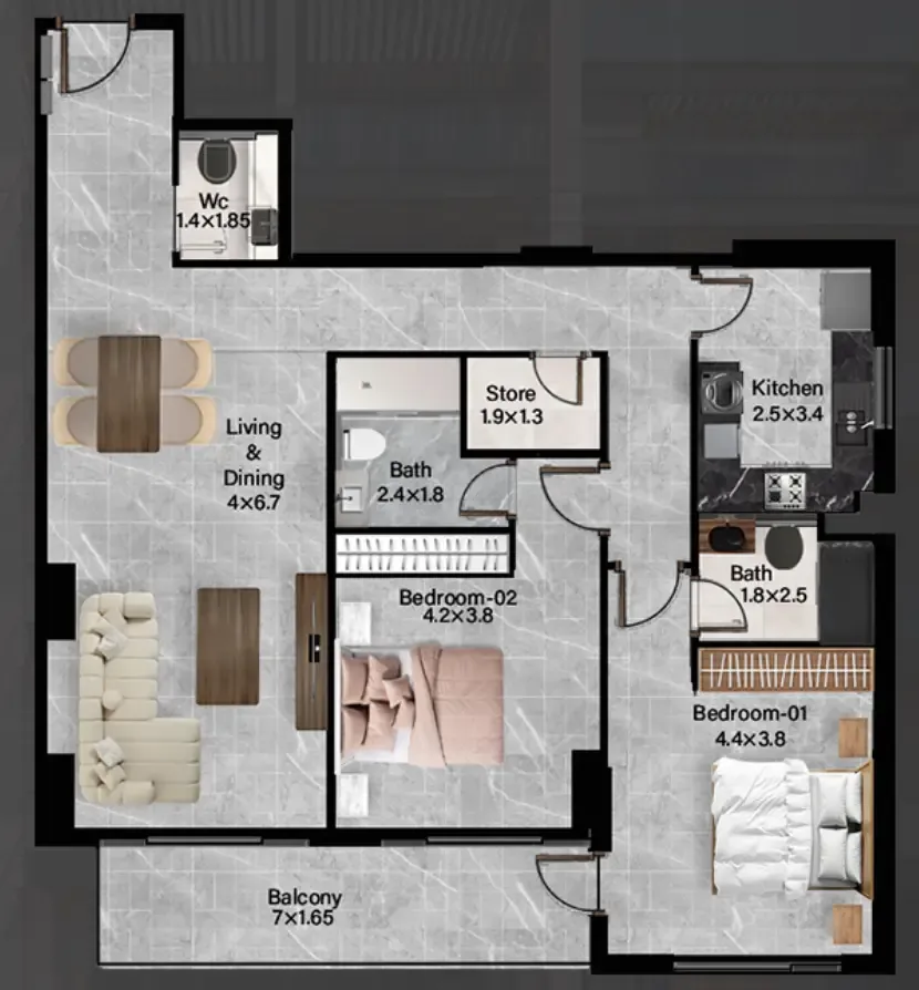Rose Gardens 2 2 bed floor plan, 1,392 sqft