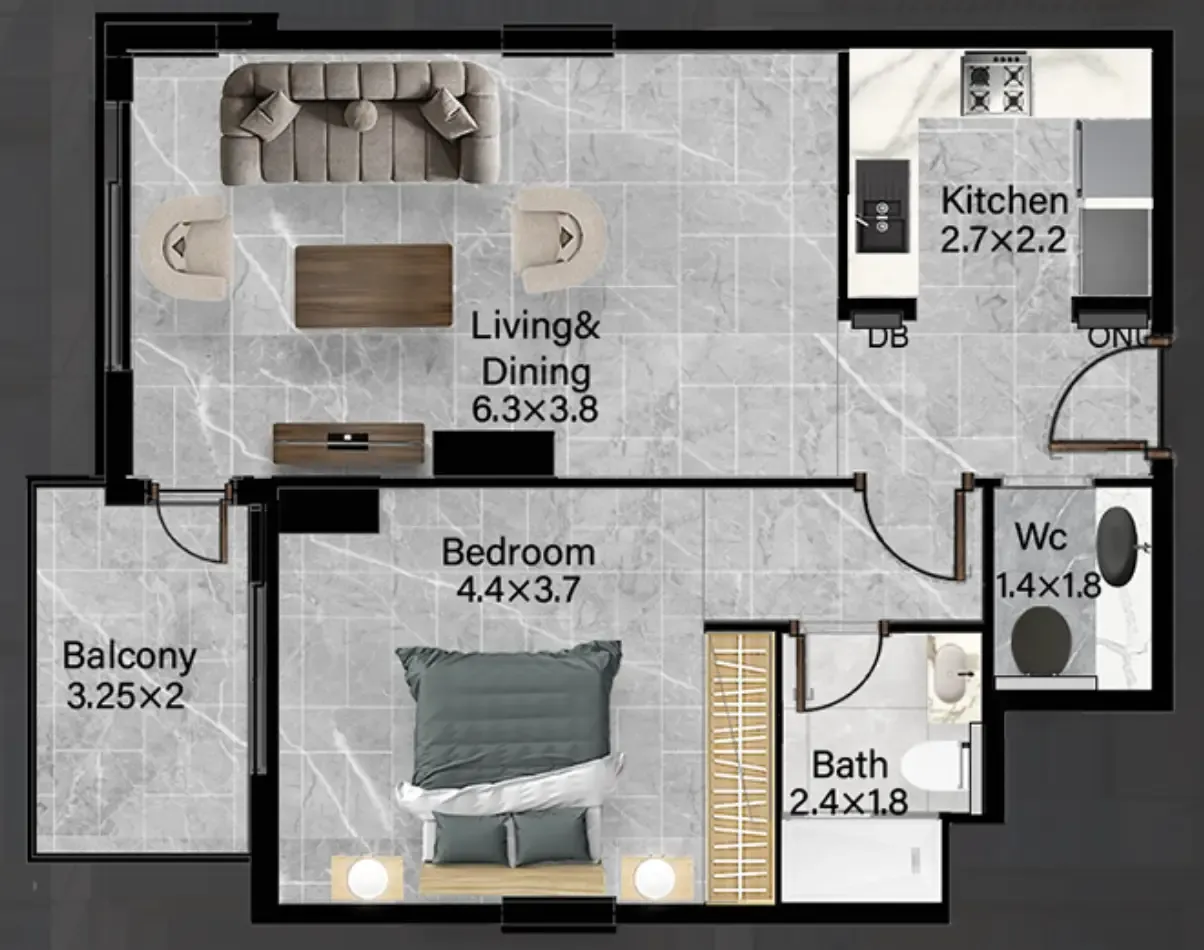 Rose Gardens 2 1 bed floor plan, 769 sqft