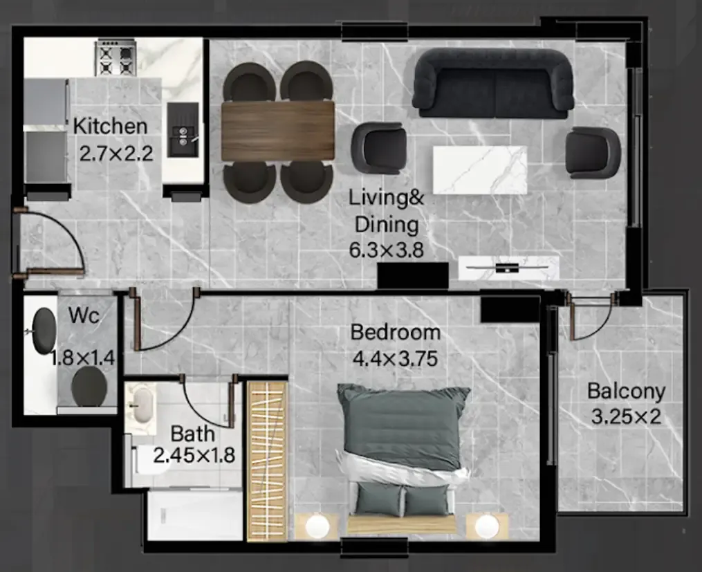 Rose Gardens 2 1 bed floor plan, 775 sqft