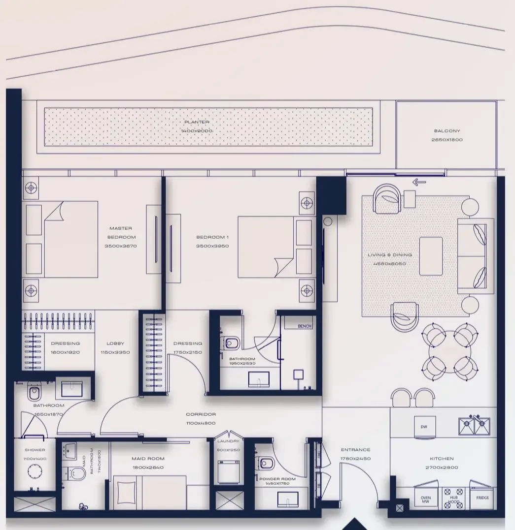 Silena Residences 2 bed floor plan, 1,272 sqft