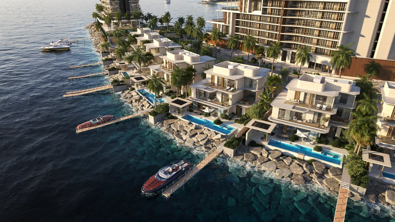 The villa row from the air: private pools and docks along the water